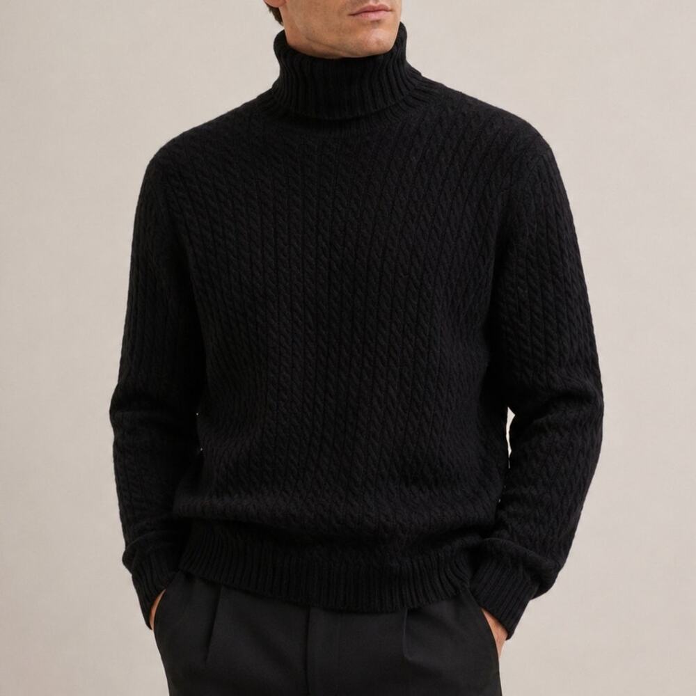 TSE Men's 100% Cashmere Cable knit Turtleneck Sweater Black Size Large